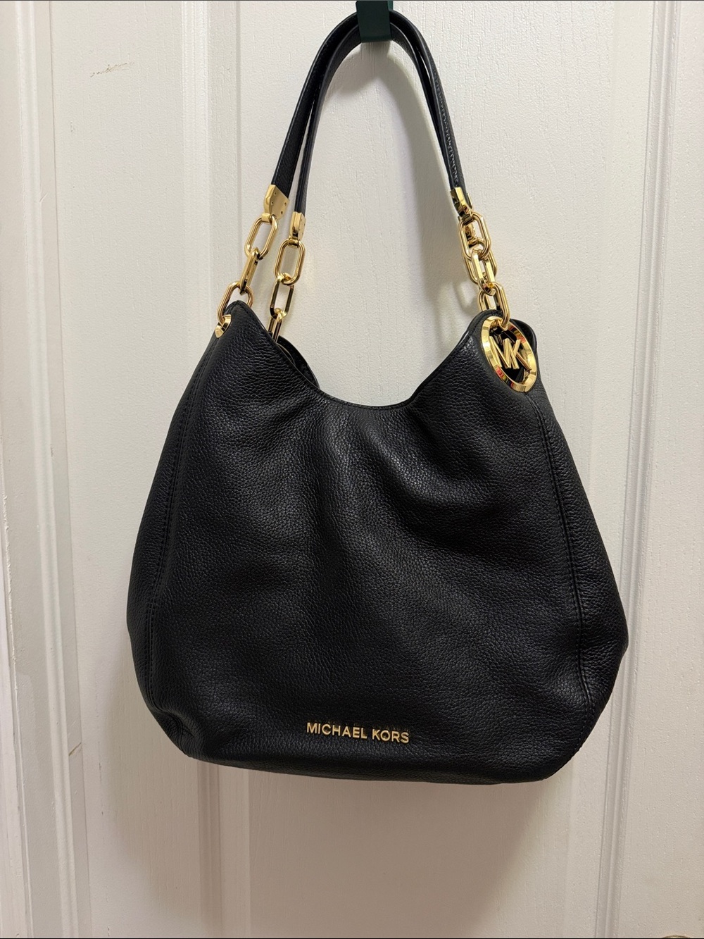 Michael Kors Black Leather Shoulder Bag with Gold Accents